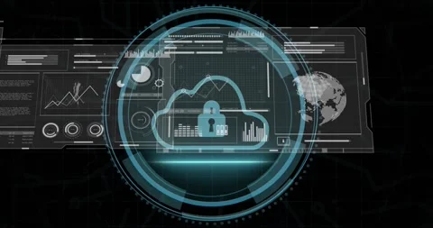 Shield glowing and Cyber Security glowing, HUD ring expanding, cloud lock Stock Footage 329533280