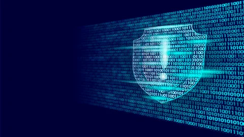 Shield guard safety system binary code flow. Big data security hacker attack Stock Illustration