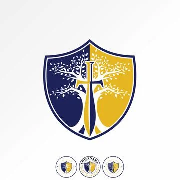 Shield guard with tree and sword leaf plant safety to warrior soldier game tech Stock Illustration