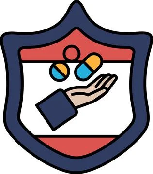 A shield with a hand holding three pills Stock Illustration