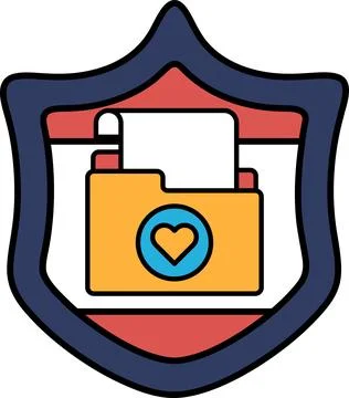 A shield with a heart and a file folder on it Illustrazione stock