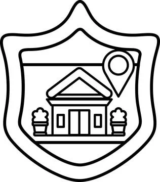 A shield with a house on it and a map of the area Stock Illustration
