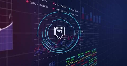Shield icon and data charts, cybersecurity image over financial graphs Stock Photos