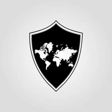 Shield icon and on world map. Vector illustration Stock Illustration