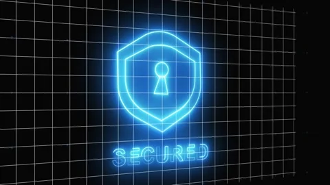 Shield icon animation with secured text. Shield icon blue neon and keyhole... Stock Footage 337813256