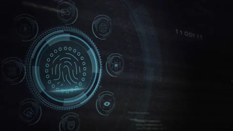 Shield icon appearing, circular HUD forming with print scan and orbiting icons Stock Footage 328246393