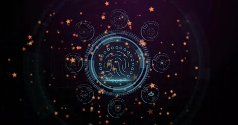 Shield icon appearing, fingerprint emerging, rings forming, icons pulsing, Stock Footage 327899897