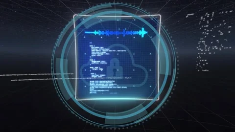 Shield icon appearing starting panel sliding HUD expanding code streaming for Stock Footage 317128763