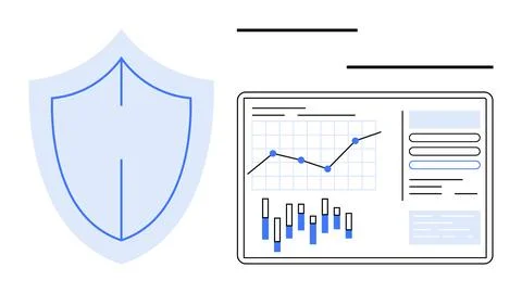 Shield icon beside a data dashboard featuring line and bar graphs. Ideal for  Stock Illustration