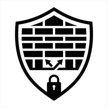 Shield icon with brick wall, lock, and arrows symbolizing secure access contr Stock Illustration