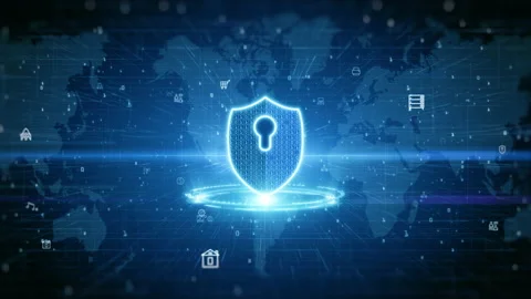 Shield Icon Of Cyber Security. Digital Data Network Protection. High Speed Co Stock Footage 137011786