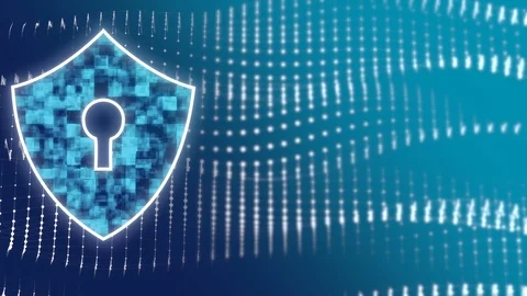 Shield icon of cyber security over wavy particles formation background. Stock Footage 127849260