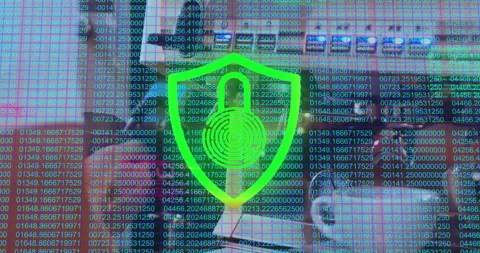 Shield icon glowing in 3D render, rotating over streaming numeric data with Stock Footage 307447521