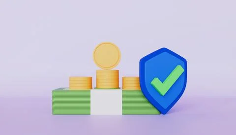 Shield icon with green check mark and gold dollar coins, insurance Stock Illustration