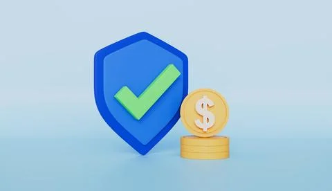 Shield icon with green check mark and gold dollar coins, security, insurance Stock Illustration