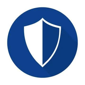 Shield icon with long shadow on navy blue circle. Vector illustration Stock Illustration