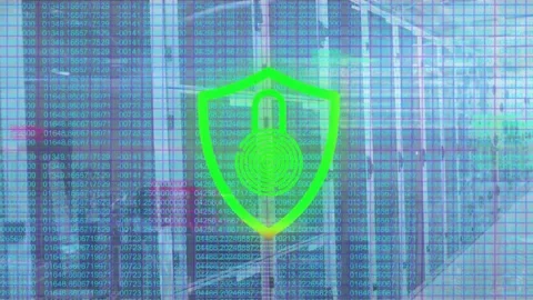 Shield icon pulsing between green and red on scene load, overlay scrolling Stock Footage 332566591