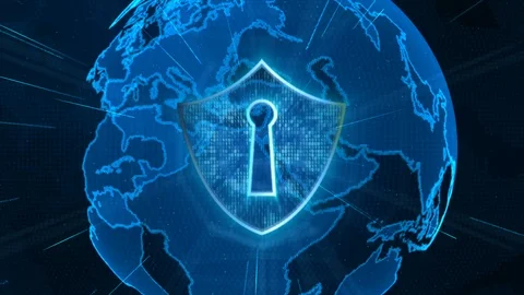 Shield Icon on Secure Global Network , Cyber Security and Protection of perso Stock Footage 103330165