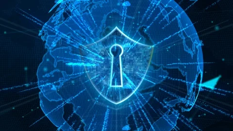 Shield Icon on Secure Global Network , Cyber Security and Protection of perso Video stock 103330351