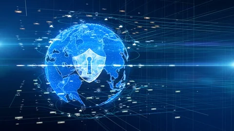 Shield icon on secure global network , Cyber security concept. Earth element Stock Footage 104608790