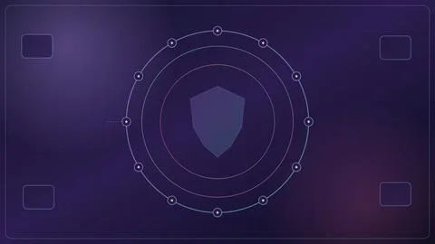 Shield icon surrounded by connected nodes on futuristic purple digital back.. Illustrazione stock