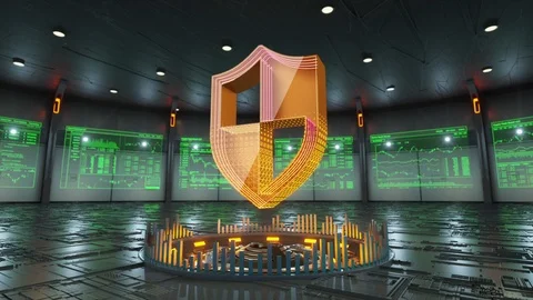 Shield icon surrounded by data screens appears in the middle of hi-tech room Stock Footage 86874488
