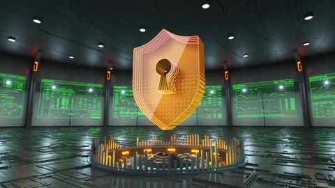 Shield icon surrounded by data screens appears in the middle of hi-tech room Stock Footage 86874522