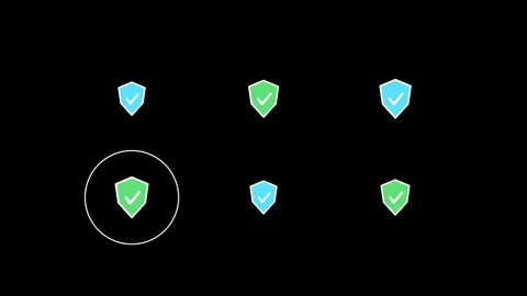 Shield icons pulsing on black background overlay 4K Видео 337062879