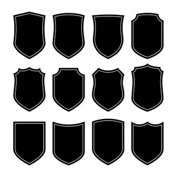 Shield icons set. Different black shield shapes on white background. Vector i 库存插图