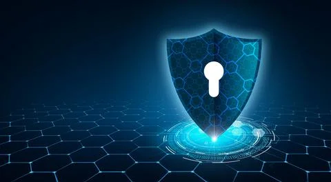 Shield with key inside on blue background The concept of cybersecurity the In Stock Photos