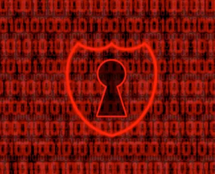 Shield with keyhole on digital background Illustrazione stock