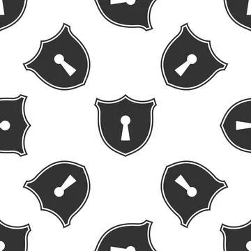 Shield with keyhole icon seamless pattern on white background. Protection and Stock Illustration