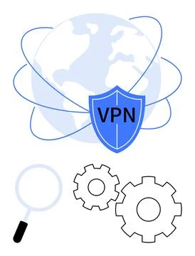 Shield labeled VPN overlays globe with orbit lines, surrounded by magnifying Stock Illustration