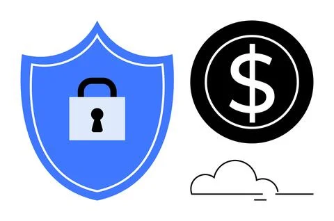 Shield with Lock, Dollar Sign, and Cloud Representing Financial Security and 스톡 일러스트