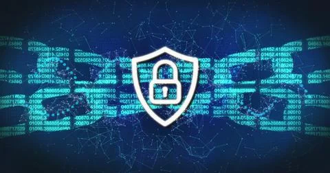 Shield with lock icon and binary code over digital network connections Stock Illustration