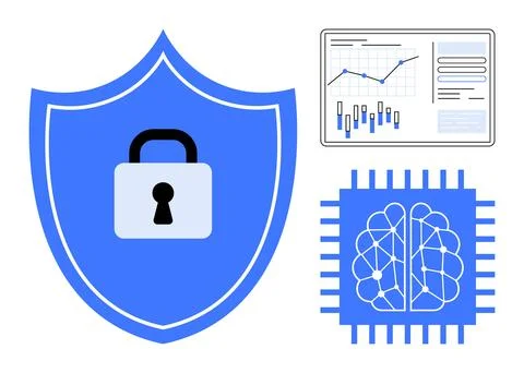 Shield with lock icon, computer chip, and data chart illustrating cybersecuri Stock Illustration