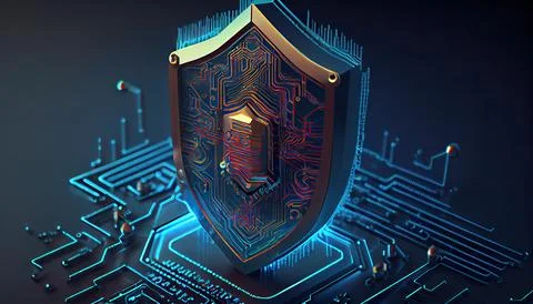 Shield with a lock icon is displayed on a circuit board and network wirefra.. 스톡 일러스트