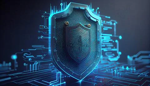 Shield with a lock icon is displayed on a circuit board and network wirefra.. Stock Illustration