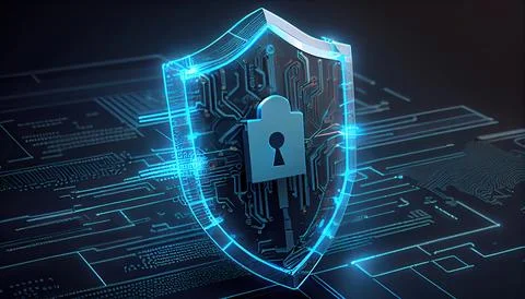 Shield with a lock icon is displayed on a circuit board and network wirefra.. Illustrazione stock
