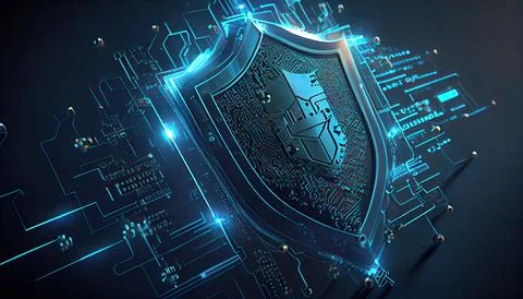 Shield with a lock icon is displayed on a circuit board and network wirefra.. Stock Illustration