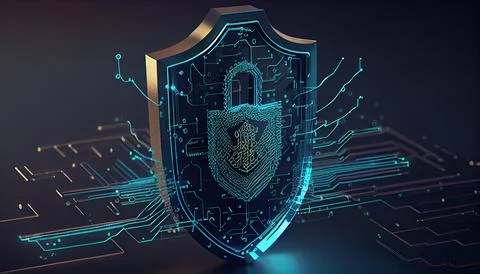 Shield with a lock icon is displayed on a circuit board and network wirefra.. Stock Illustration