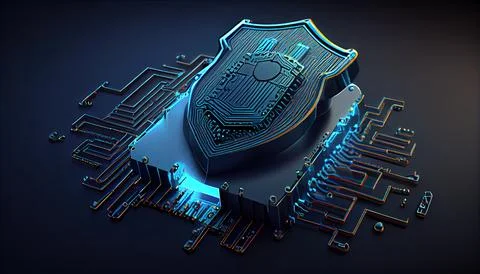 Shield with a lock icon is displayed on a circuit board and network wirefra.. Stock Illustration
