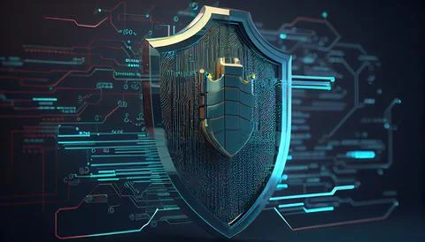Shield with a lock icon is displayed on a circuit board and network wirefra.. Stock Illustration