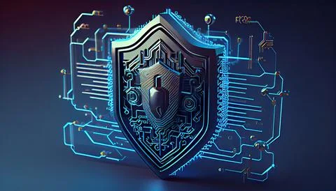 Shield with a lock icon is displayed on a circuit board and network wirefra.. Stock Illustration