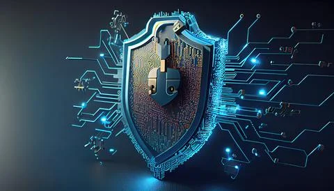 Shield with a lock icon is displayed on a circuit board and network wirefra.. Stock Illustration