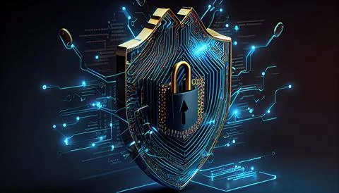 Shield with a lock icon is displayed on a circuit board and network wirefra.. Stock Illustration