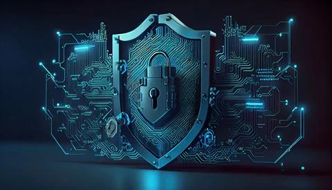 Shield with a lock icon is displayed on a circuit board and network wirefra.. イラスト素材