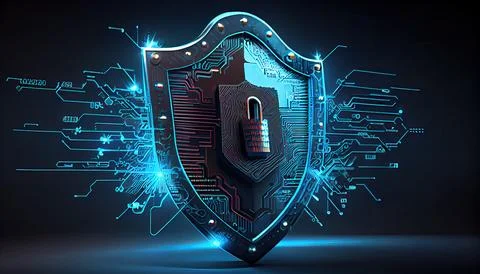 Shield with a lock icon is displayed on a circuit board and network wirefra.. Stock Illustration