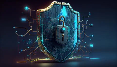 Shield with a lock icon is displayed on a circuit board and network wirefra.. Stock Illustration