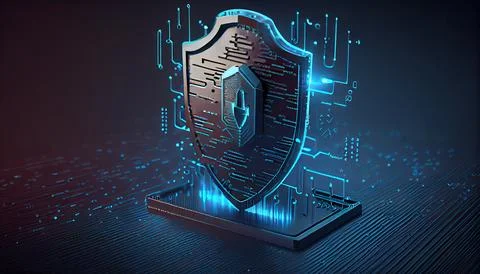 Shield with a lock icon is displayed on a circuit board and network wirefra.. Stock Illustration